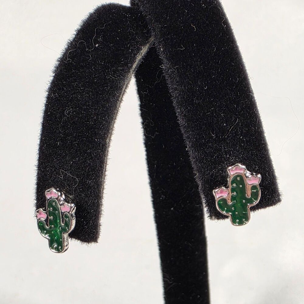 Enamel Cactus Stud Earrings Saguaro Style Cactus with Pink Flowers